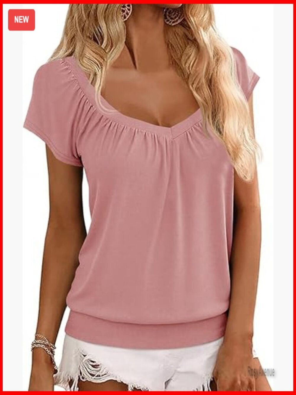 V Neck Cap Sleeve T Shirts Banded-Bottom Loose Fit Basic Tops Blouses